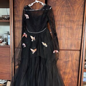 Trish scully Black Lace tulle Gown with Butterfly Accents size ten